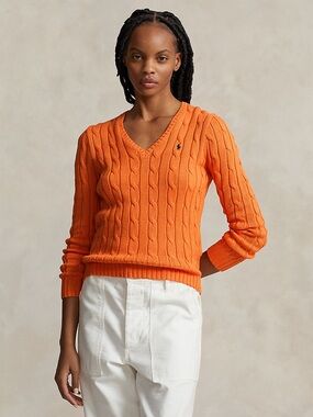 Polo by Ralph Lauren Bright Orange Cable-Knit V-Neck Sweater